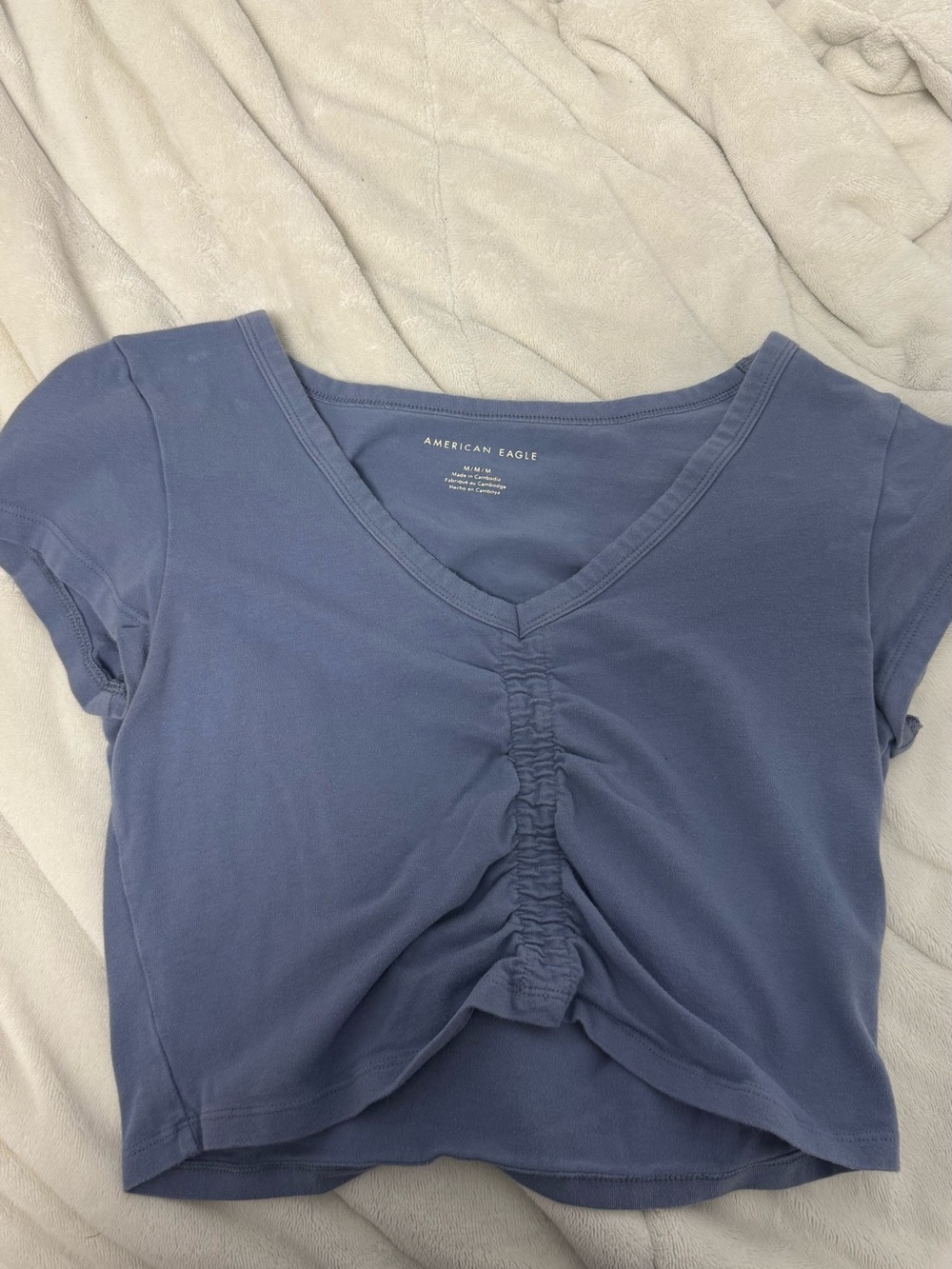 American Eagle Outfitters Blue Ruched V-Neck Crop Tee